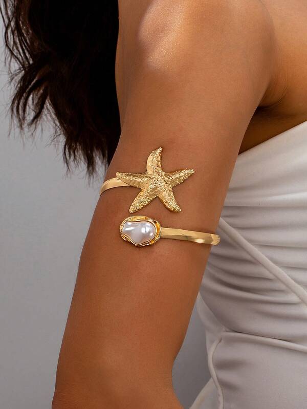 1 قطعة سوار نجمة البحر المفتوحة البارز المجوف الزخرفي المزين بخرز اللؤلؤ الاصطناعي، موضة للحفلات والزفاف والعطلات وأعياد الاستقلال والتخرج والهدايا