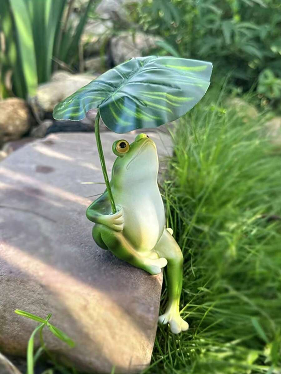 1pc Cute Resin Leaf-Holding Frog Decor, Suitable For Garden, Patio, Home Decoration