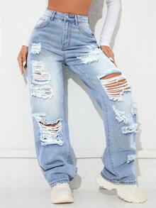Y2K Rave Vintage High Waist Side Pocket Slit Straight Leg Jeans - Baby Blue - View 7
