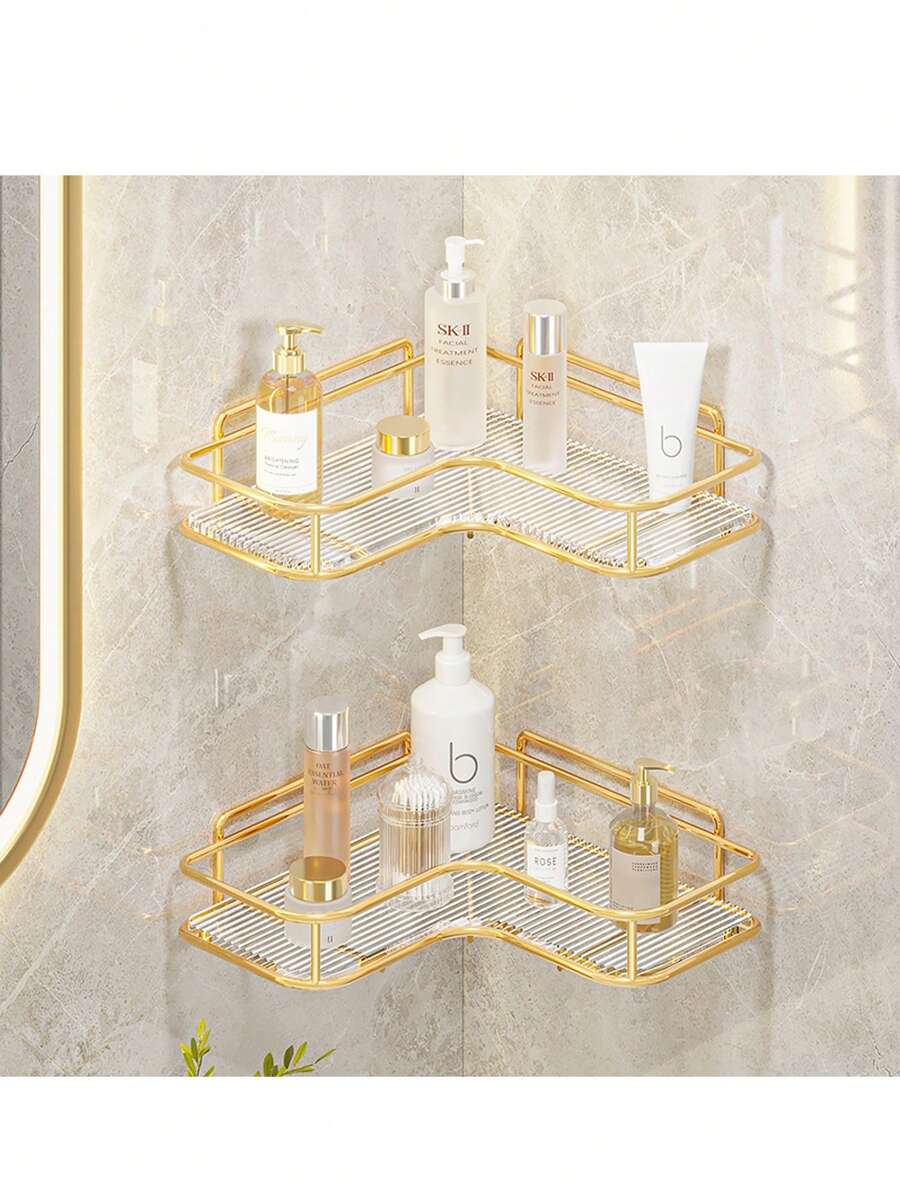 1件轻奢浴室铁艺金色三角台面置物架洗手台浴室卫生间角落收纳架 - 金色 - 查看 1