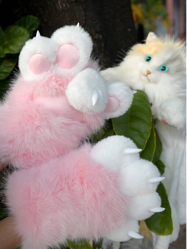 Un par de guantes con garras de gato de peluche de piel sintética, con uñas transparentes realistas que pueden hacer sonido, accesorios de disfraz de animal peludo como oso, lobo o zorro para adultos en Halloween