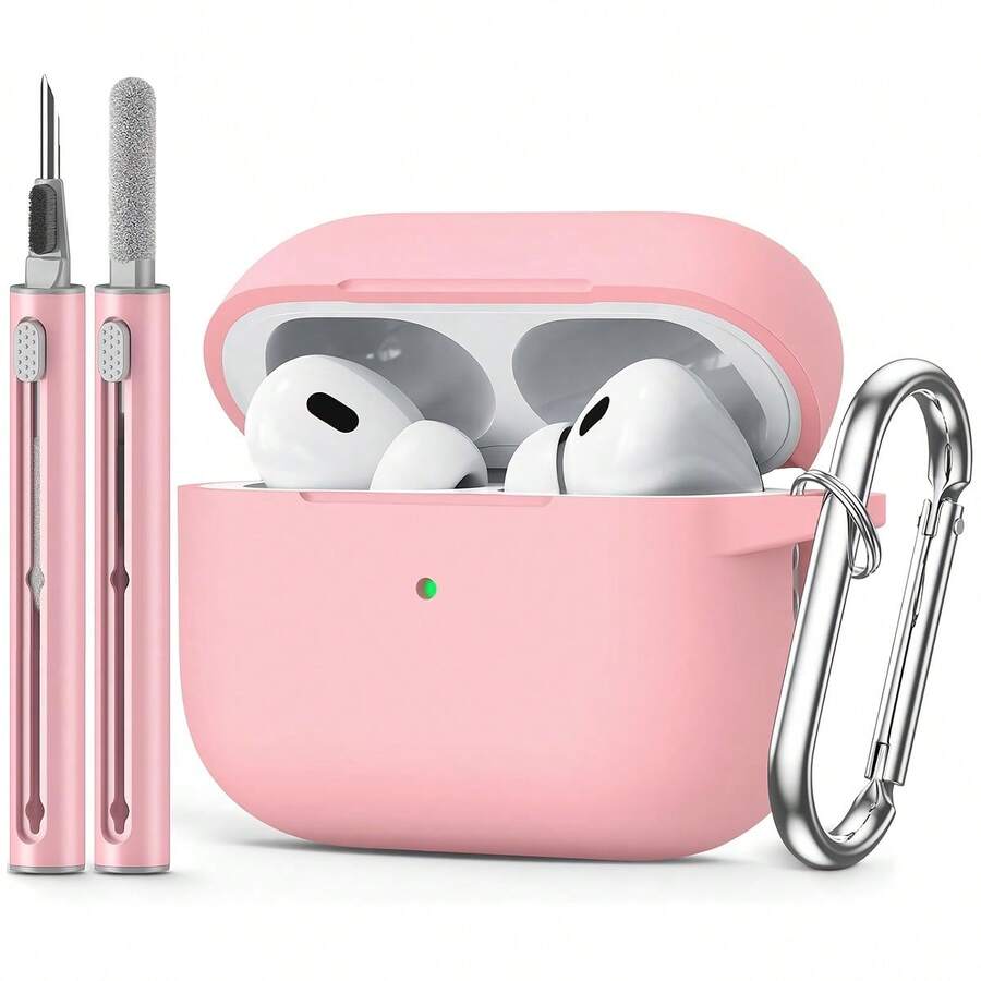 1pc Solid Color Silicone Case With Carabiner Clip And Cleaning Brush - Pink - View 1