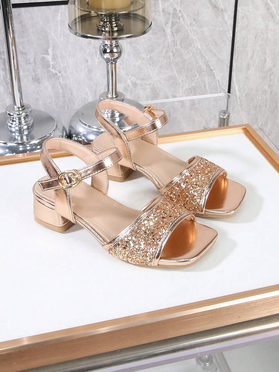 Sandálias Elegantes e Luxuosas com Brilho, Sandálias de Salto Alto Abertas, Sapatos Formais Respiráveis e Leves para Festas, Apresentações, Banquetes, Casamentos, Sandálias de Salto Alto com Bico Quadrado - Champanhe - Visão 1