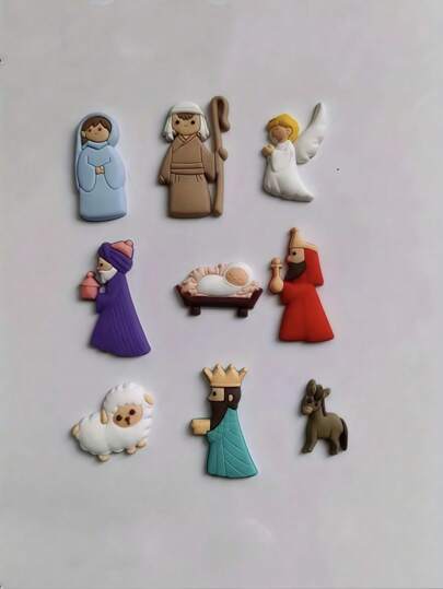 Conjunto de 9 peças de presépios de Natal, reis e anjos, ímãs de geladeira: estátuas de estatuetas de PVC para celebrar a temporada para geladeira, capa de telefone, quadro branco de escritório, armário, decoração de cozinha, decoração de casa, presente de ano novo para seguidores de Jesus, presente de Natal para amigos, lembrancinhas de festa