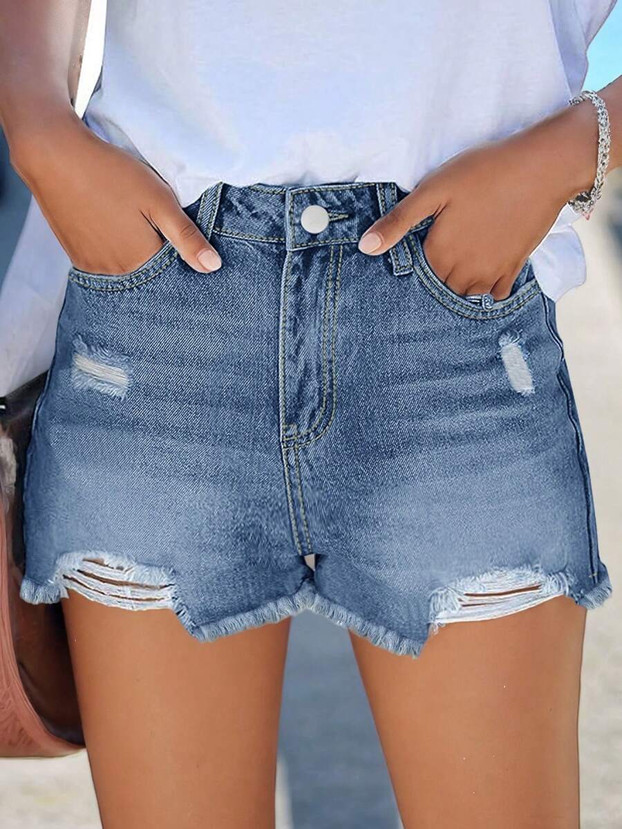 Street Style Frayed Edge Non-Stretch Denim Shorts, Women Casual Shorts For Spring & Summer - Blue - View 1