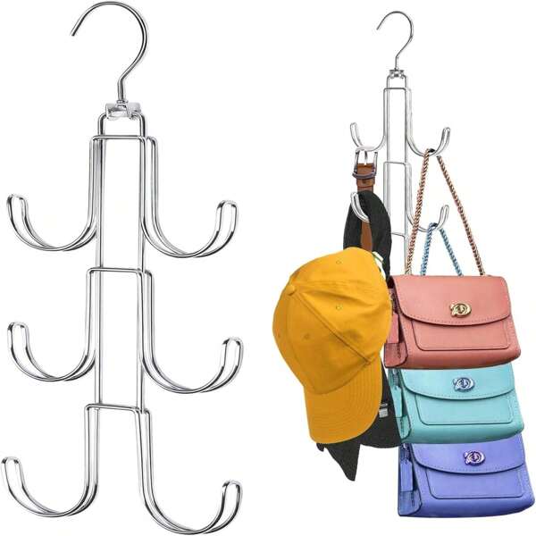 1 pieza Organizador giratorio de 360 grados para colgar bolsos hecho de metal - Mantiene los bolsos visibles y en buenas condiciones - Estantería ahorradora de espacio para mochilas - Color plateado