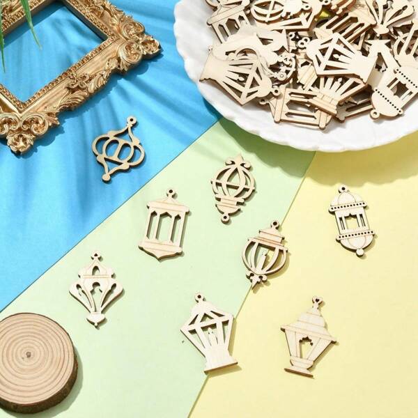 100pcs Wooden Muslim Festival Lights Cut - Undyed Wooden Pendant For DIY Handicrafts, Islamic Art, Home Decor - Manufacture Of Wooden Decorations For Muslim Holiday Light Celebrations