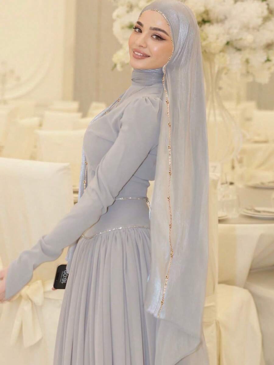 1 Stück Damen glänzender Pailletten-Kopftuchschal mit goldener Kette, luxuriös und modisch, geeignet für Party, Hochzeit, Urlaub, Strand, Reiseessentiell