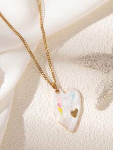 1pc Retro Colorful Drip Oil Heart Shaped 18K Gold Plated Stainless Steel Pendant Necklace, Fashionable Jewelry Gift For Stylish Lover - Gold - View 19