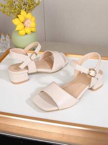 Fashionable And Elegant High-End Party High Heel Sandals, Solid Color Open Toe High Heel Sandals, Breathable And Lightweight Formal Shoes, Suitable For Party, Performance, Banquet, Wedding Square Toe High Heel Sandals - Apricot - View 5