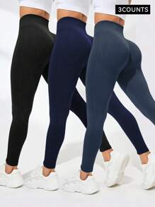 3 piezas Leggings de color negro sólido con cintura alta, levantamiento de glúteos y control de abdomen para mujeres. Tela cálida, transpirable y elástica ideal para gimnasio, actividades al aire libre, entrenamiento y correr. Atuendo esencial para Navidad.
