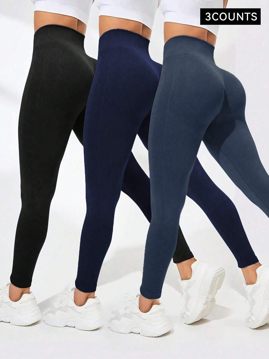3 piezas Leggings de color negro sólido con cintura alta, levantamiento de glúteos y control de abdomen para mujeres. Tela cálida, transpirable y elástica ideal para gimnasio, actividades al aire libre, entrenamiento y correr. Atuendo esencial para Navidad.