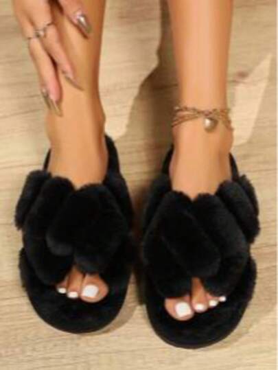 Cross-Strap Fuzzy Slide Tofflor för kvinnor, Bekväm inomhusbruk, present till henne, öppen tå, Varm, Lämplig för höst/vinter