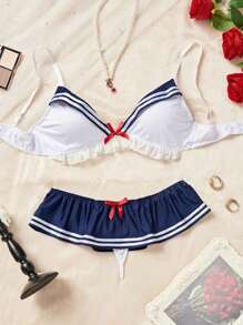 2 Peças Conjunto de Lingerie Sexy Inspirado em Temas Náuticos - Detalhes em Babado, Acentos em Laço, Sutiã com Armação e Calcinha para Jogo de Papel Erótico