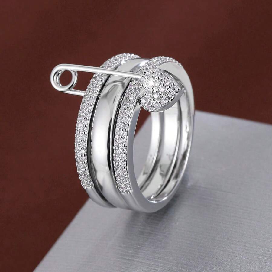 1 pieza Anillo con diseño de corazón multicapa desmontable con circonita cúbica incrustada para mujer