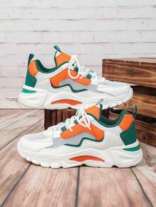 Women's Springtime & Summer Colorblock (White, Orange, Green) Dopamine Design Sneakers, Versatile To Pair With Dresses, Pants, Comfortable & Breathable Low-Top Lace-Up Casual Walking Shoes, Suitable For Parties, Holidays, Couples - White Tangerine - View 5