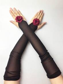 1 Pair Solid Color Elegant Women Finger-Less 48cm Gloves, Suitable For Birthday Party, Performance, Bachelorette Party, Spring/Summer - Camellia Hook Finger - View 8