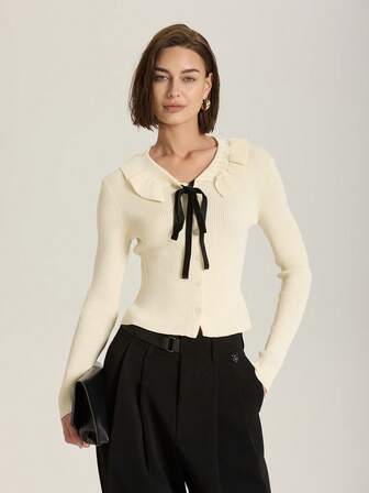 撞色饰边打结袖口长袖开衫