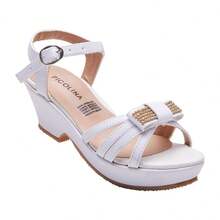 Zapatillas de niña con tacón grueso de 4 cm, suela anti derrapante, correa ajustable al tobillo y moño decorativo con brillos - Calzado elegante y cómodo para ocasiones especiales - Blanco - Ver 4