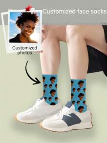 1 Pair Customized Face Print Mid-Calf Socks For Men, Mother's Day/Holiday Gift