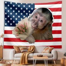 1pc Funny Monkey And Tulip Tapestry With American Flag Background, Decorative Wall Hanging Suitable For Living Room, Bedroom, Office, Humorous Decor, Pet And Floral Theme, All-Season, Made Of Polyester, Comes With 3 Wall Nails And 2 Clips