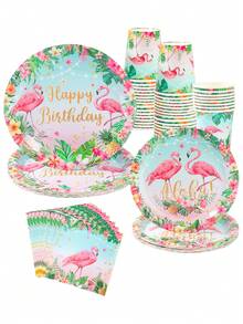 Hawaiian Flamingo Pattern Disposable Paper Tableware Set, Tropical Summer Hawaii Theme Birthday Babe Shower Party Decoration Supplies, 8pcs 7/9inch Paper Plates, 8pcs Paper Cups, 16pcs Paper Napkins For Family Summer Holiday Activities Event Party Table Decoration, Home Kitchen Table Ornaments - Hawaiian Flamingo - View 2