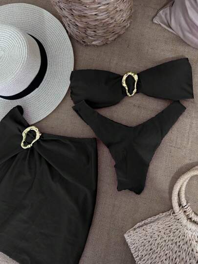 Set de 3 piezas de bikini bandeau de unicolor y sexy para mujeres