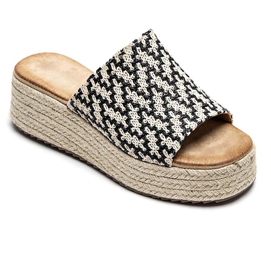 Mules à plateforme tressée avec semelle corde et motif tissé fantaisie - 黑色 - 查看 1