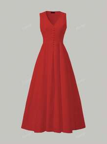 Vestido elegante de estilo francés con cuello en V, pliegue en la cintura y falda acampanada, sin mangas, patchwork vintage, fluido para playa, fiesta y ocasiones formales -Nuevo lanzamiento 2025