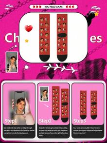 1 Pair Of New Cat Guitar Record Custom Socks, Couple Custom Socks, Graduation Gift, Fun Turtlenecks Custom Socks As Men's Gifts, Sports Socks, Custom Sports Socks, Birthday Custom Gifts - Red - View 4