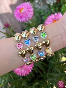 1 pieza Pulsera elástica hecha a mano con cuentas de cobre, con corazón enchapado y esmalte colorido, adecuada para uso diario y eventos de mujeres
