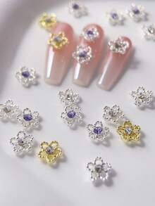 春夏花朵指甲饰金银闪亮白紫水钻美甲装饰 10 件 3D 合金 DIY 指甲宝石礼物，适合女孩手机壳、鞋子衣服包包工艺品美甲用品 - 彩色 - 查看 2