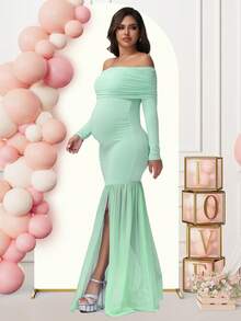 JustVH Maternity Long Sleeve Off Shoulder Dress Solid Color Mesh Paneled Split Hem Gown For Baby Shower Photoshoot Party - 薄荷綠 - 查看 3