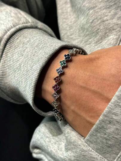 1 pieza Brazalete de cobre con circonita de trébol de cuatro hojas de colores de moda para hombres, brazalete punk hip-hop de hombre, adecuado para uso diario