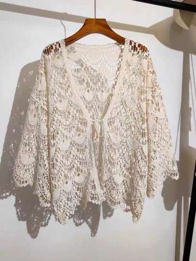 Women's Apricot Color Tie Front Cardigan Hollow Out 3/4 Sleeve Lace Shawl Lightweight Shrug