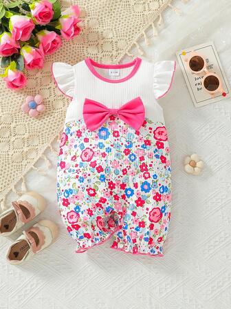 女婴夏季韩版休闲连体衣，3D蝴蝶结装饰，花卉印花拼接短袖连体衣