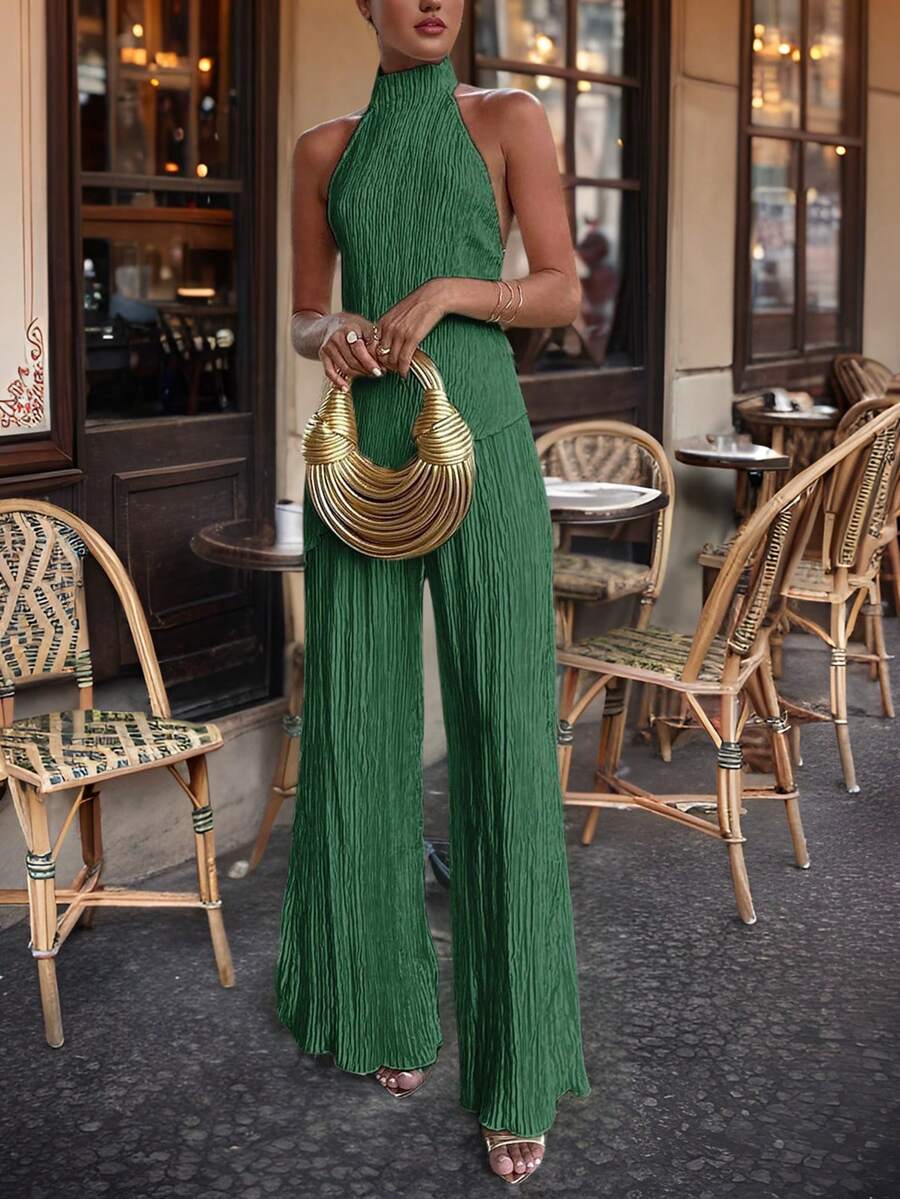 1set Women Elegant Solid Color Textured Halter Neck Tank Top 2 Pieces