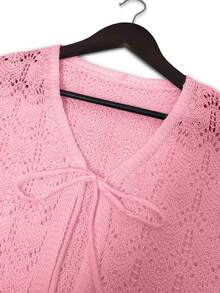 Women's Beach Cover Up Cover Up - Hollow Out Knitted Top With Bow Tie, V-Neck Loose Drop Shoulder Design, Crochet Bikini Crop Top, Tie Front Flare Sleeve Knit Shawl, Plus Size Girls Ruffled Knitted Shrug, Spring/Summer/Autumn - Pink - View 8