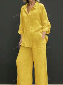 Casual Polo Collar Cardigan & Wide Leg Pants Set, Elegant, Versatile, Slimming, Solid Color Chic Shirt Top, Soft Fabric, Comfortable For Beach Vacation, Daily/Office Commute, Loose Waist Pants, 2 Pieces Outfit