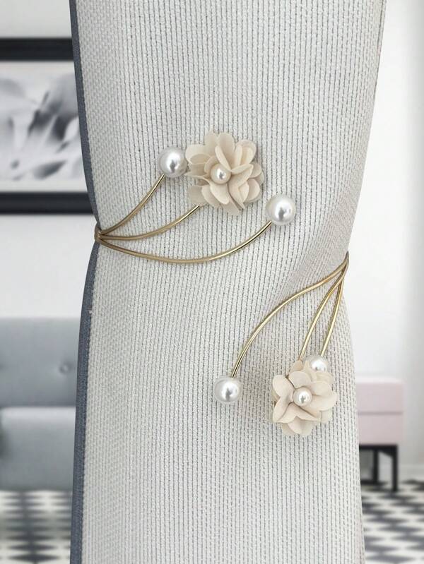 1-Piece Alloy Curtain Tieback Clip With 3D Flower Design & Faux Pearls, Decorative Storage Holder For Bedroom Living Room Dining Room Window Decor