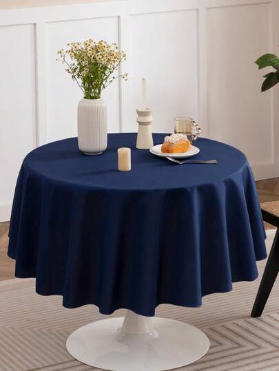 1pc Navy Blue Round Polyester Tablecloth, Suitable For Dining Table Decoration In Living Room, Restaurant, Wedding, Home Decor, Party, Outdoor Picnic