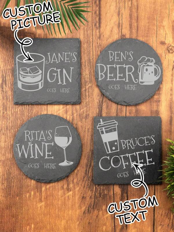 1 Stück personalisierter Steinuntersetzer, personalisieren Sie Ihren Drink hier, individuelle Texte und Getränke Bild Ornament, Tee Kaffee Gin Bier Wein Whisky Laser graviert Geschenk, einzigartiges ideales Geschenk für ihn, sie, Freund, Freundin, Vater, Mutter, Familie, Freunde zu Jahrestagen, Valentinstag, Muttertag, Geburtstagen, Feiertagen, Vatertag, Abschluss, Hochzeiten, Halloween, für Paar, Weihnachten
