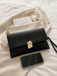 1pc Quilted Flap Closure PU Solid Color Envelope Bag, Fashionable Bright Color Party Clutch Bag, Laser Bright Color Chain Shoulder Bag, Glossy Evening Party Small Square Bag, Suitable For Women To Use For Dating, Party, And Evening Events - Black - View 9