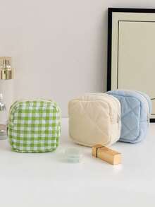 1pc Solid Color Rhombus Plaid Large Capacity Sanitary Pad Storage Bag, Cosmetic Organizer Bag, Ladies Makeup Pouch, Girls Tampon Storage Bag, Wallet-Style Portable Makeup Brush Holder Clutch