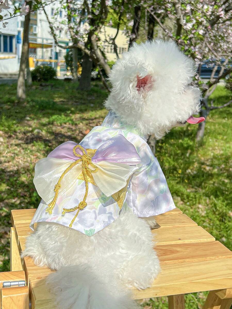 1pc Pet Dress, Stylish & Casual Lovely Comfortable Cherry Blossom Pattern Japanese Style Outfit For Small Dogs And Cats - Purple - View 1