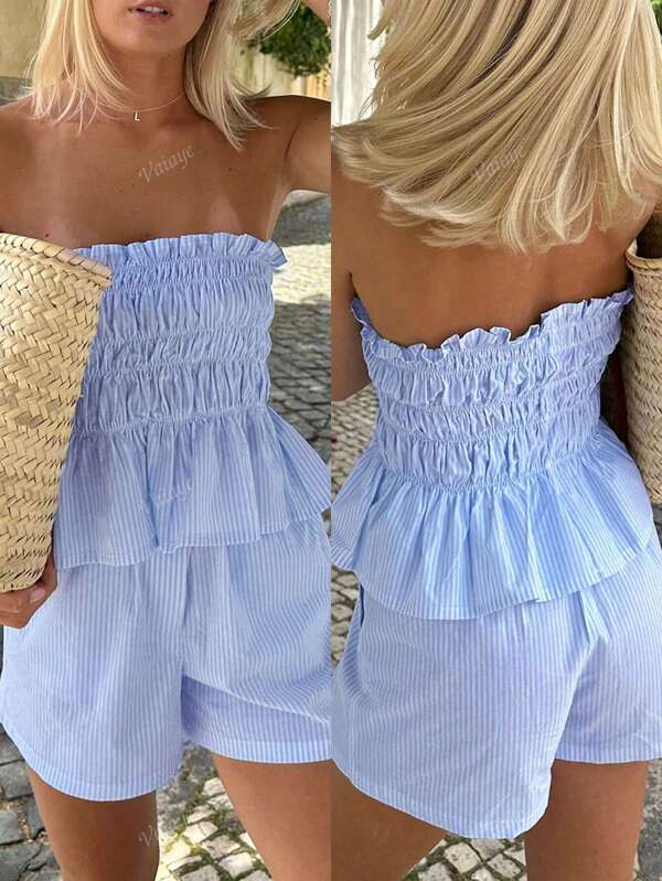 Ținute de vară pentru femei, Hawaii, stil boho tropical, pentru plajă, vacanță, 2 bucăți - set minimalist de top și pantaloni scurți cu dungi pe un umăr, stil ciupercă, potrivit pentru întâlniri, ceai de după-amiază, sărbători, festivaluri de muzică