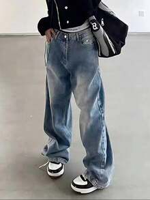 Women Wide Leg Jeans Mid-Low Waist Baggy Jeans Loose Boyfriends Jeans Vintage Y2K 90s Denim Pants - 藍色 - 查看 1