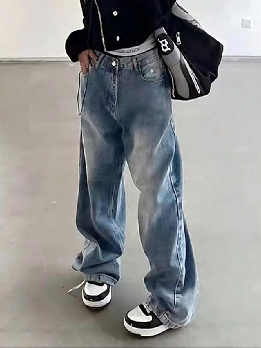 Women Wide Leg Jeans Mid-Low Waist Baggy Jeans Loose Boyfriends Jeans Vintage Y2K 90s Denim Pants - 藍色 - 查看 1
