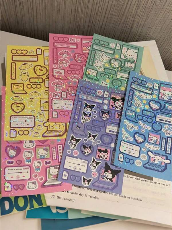 Sanrio 1/6 Sheets, A Pack, Sanrio (Hello Kitty Kuromi Melody Yugui Dog) Cute Cat Stickers - Vibrant Light Color Design, With Funny Phrases, Self-Adhesive, Suitable For Mobile Phone Cases, Suitcases, Laptops, Water Cups And DIY Projects