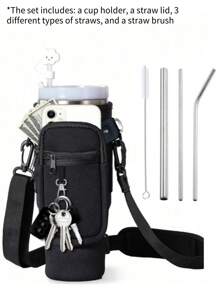 1 pieza de bolsa portadora de botella de agua con bolsillo para teléfono + 1 pieza de funda de pajita de color aleatorio para vaso aislado de 40/30 Oz, funda de botella de agua de neopreno con correa ajustable, gancho para llaves, adecuado como regalo de Navidad, regalo de Año Nuevo
